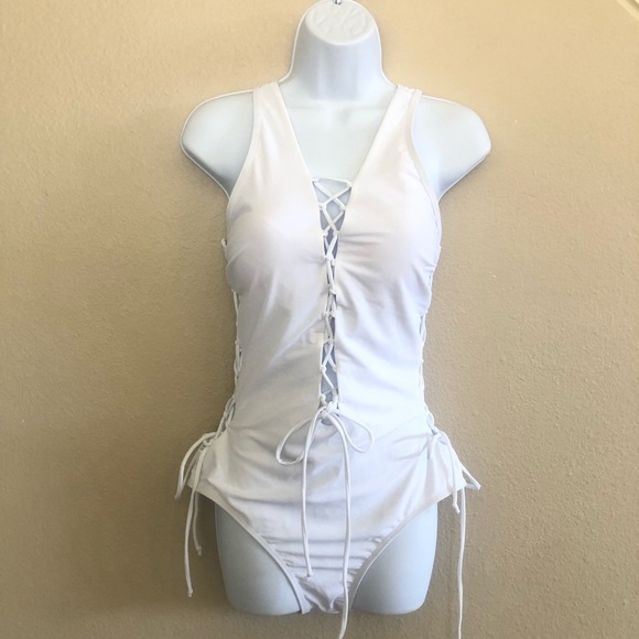 Holipick Women’s White Sexy One Shoulder Lace Up One Piece Swimsuit Size L - Picture 1 of 12